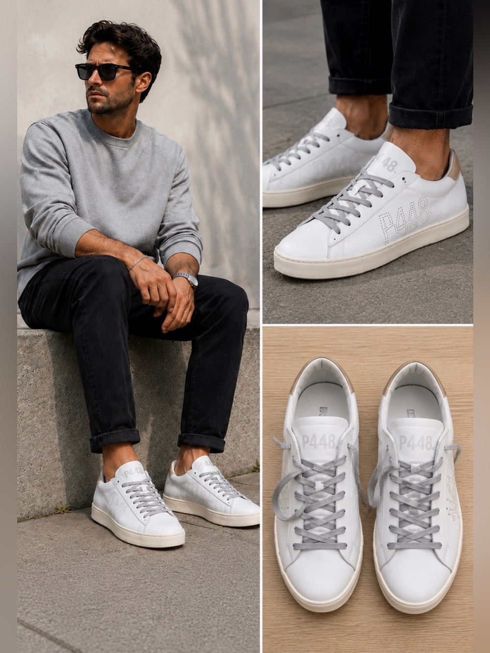 P448 Menโs White Gray Leather Sneakers Lace-Up Luxury Italian Shoes Size 42
